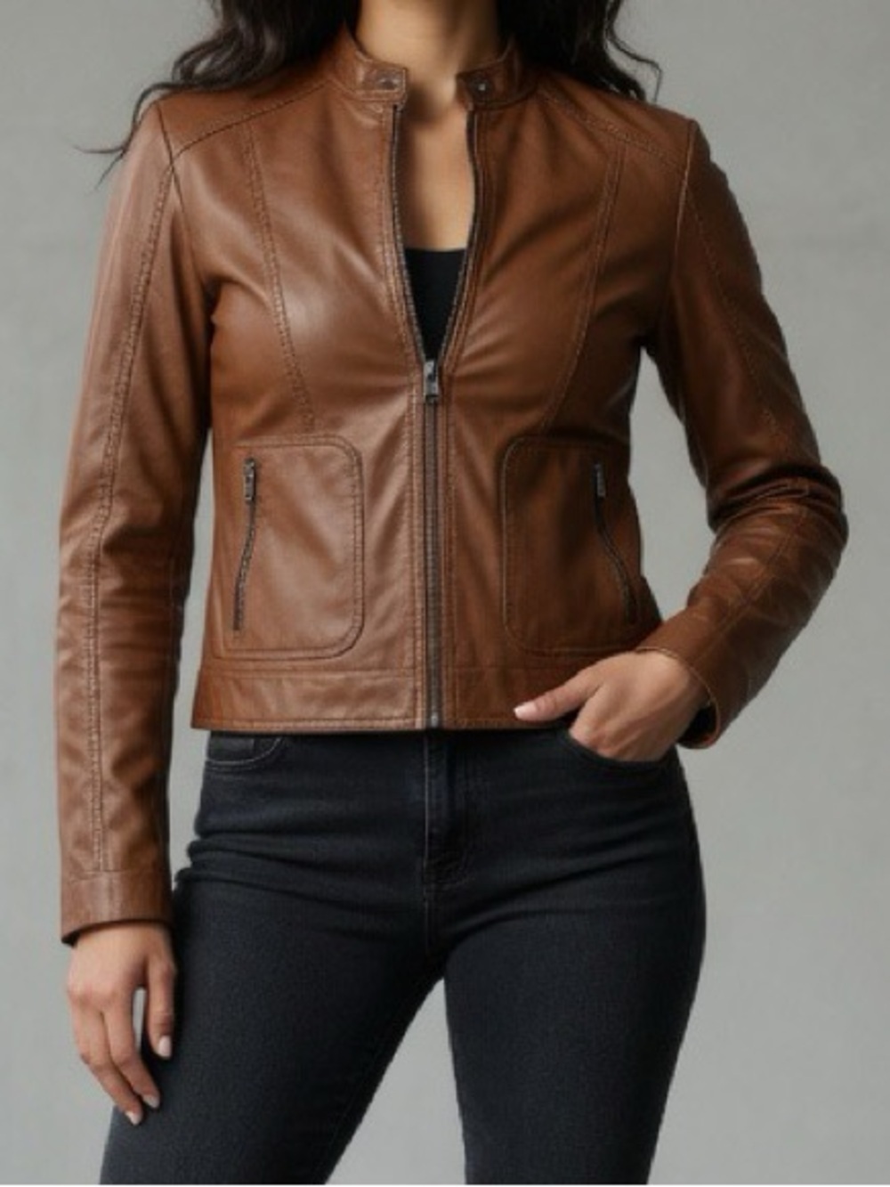 George Chestnut Brown Leather Zip-Front Jacket size 18W-20W